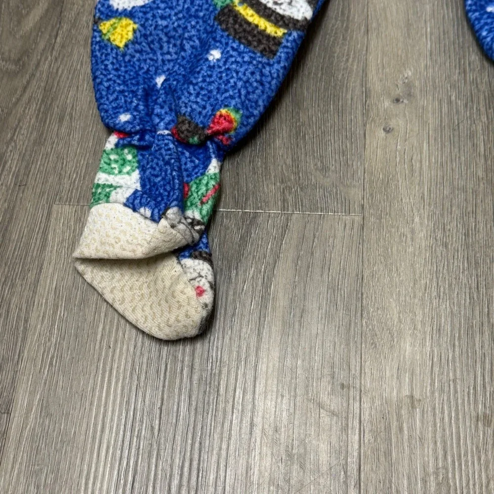 Vintage 90s Okie Dokie Kids Blue Fleece Snowman Footed Sleeper Pajamas 3T Xmas